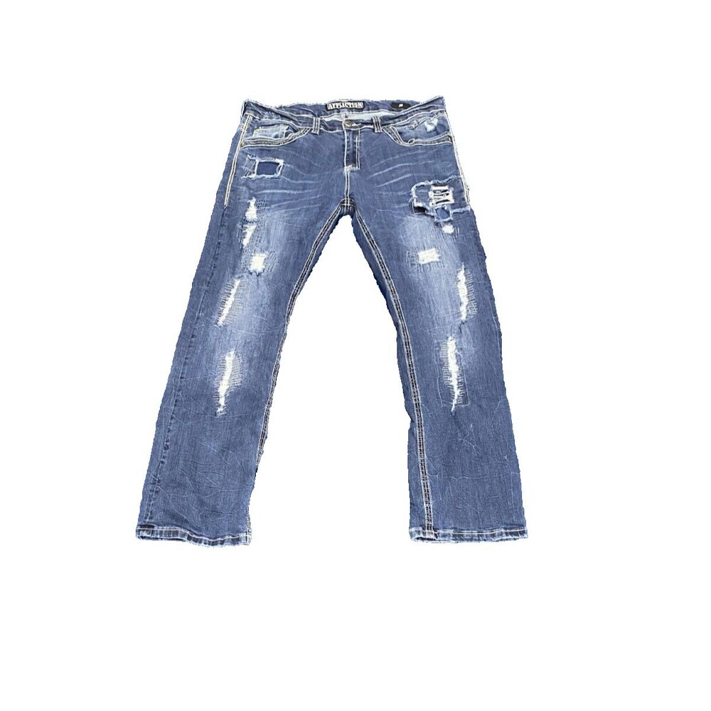Affliction Jeans Mens Blake Blue Jeans Relaxed Distressed Thick Stitch 38X33